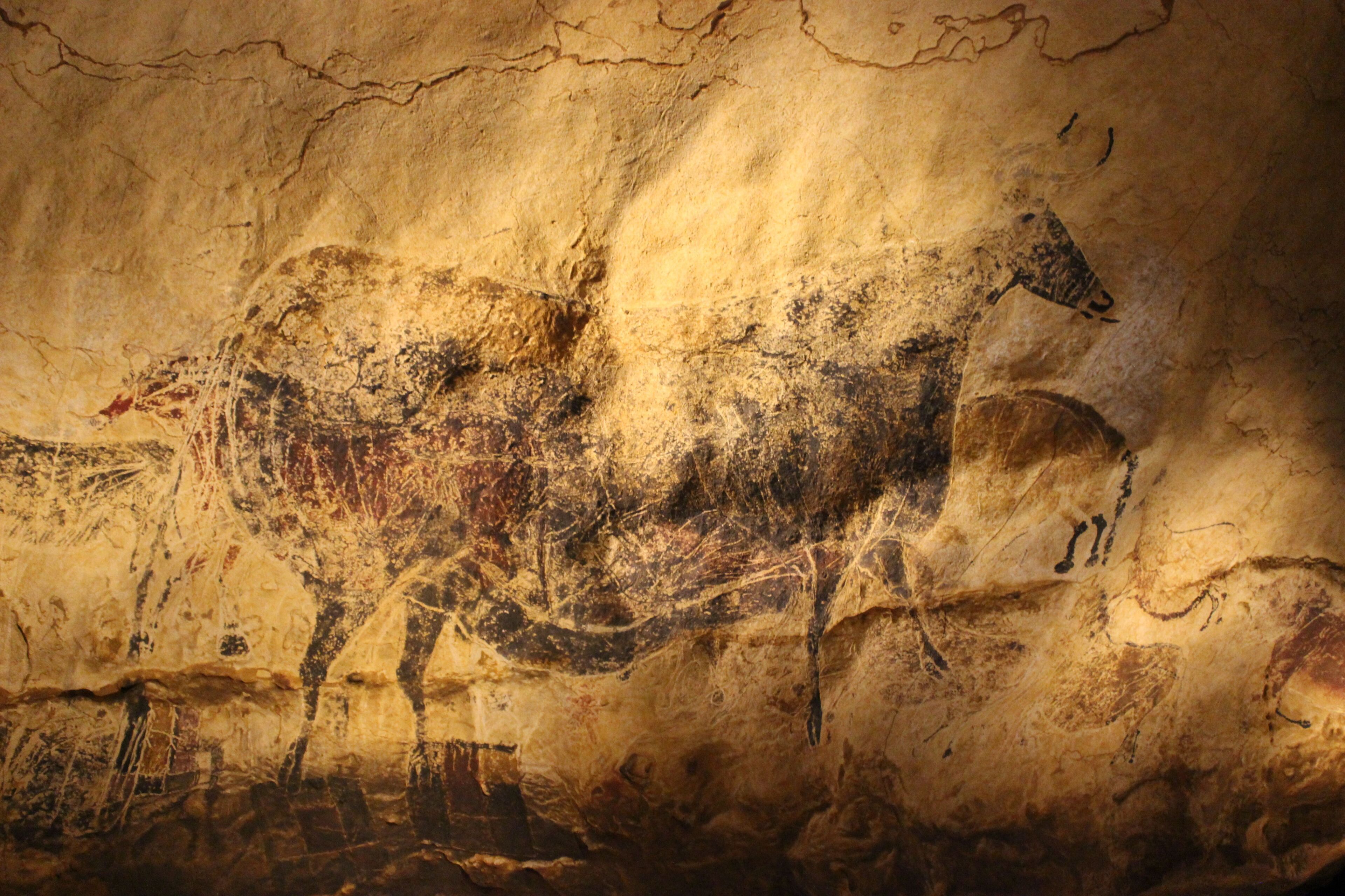 Eine Felswand mit prähistorischen Höhlenmalereien eines Pferdes.