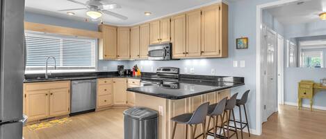 Fridge, microwave, oven, dishwasher