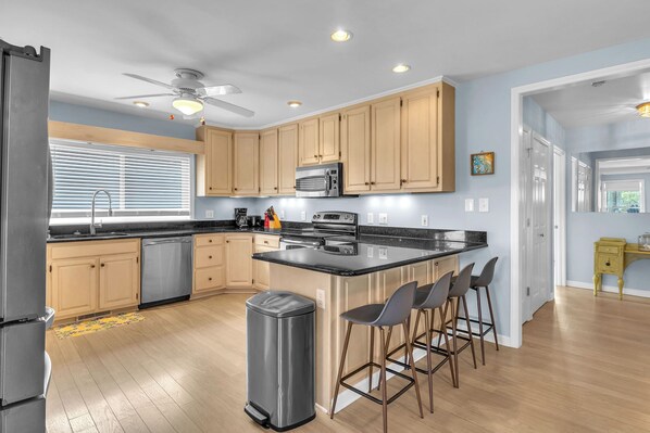 Fridge, microwave, oven, dishwasher