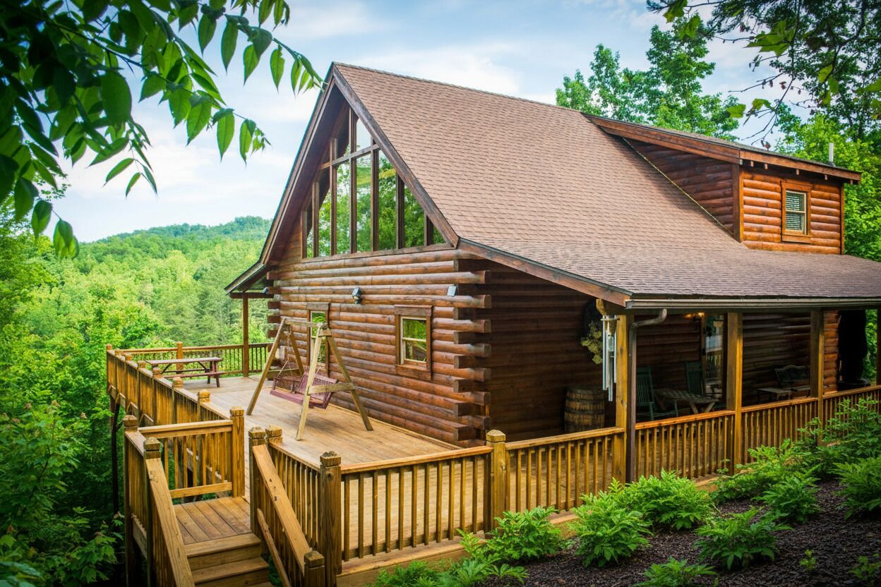 Une cabane en rondins dotée d’une terrasse, entourée de verdure.