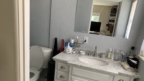 A bathroom with a white toilet, a sink with a marble countertop, and a mirror above the sink. - Private home minutes from Siesta Key and Downtown Sarasota. (Sarasota)