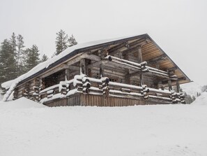 Een vakantiehuis van hout met een hellend dak, omringd door sneeuw.