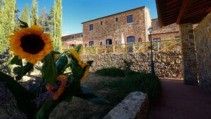 Un bâtiment en pierre doté d’une cour intérieure, avec un tournesol en premier plan.