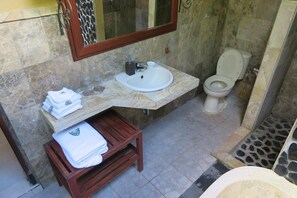 Hair dryer, towels, soap, shampoo