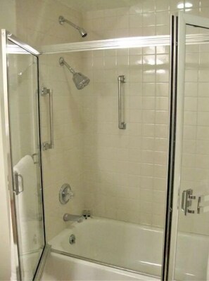 Combined shower/tub, hair dryer, towels, soap - Eagles Watch Ocean Front B and B, Auke Bay, Juneau
 CBJ 1000195 (Juneau)