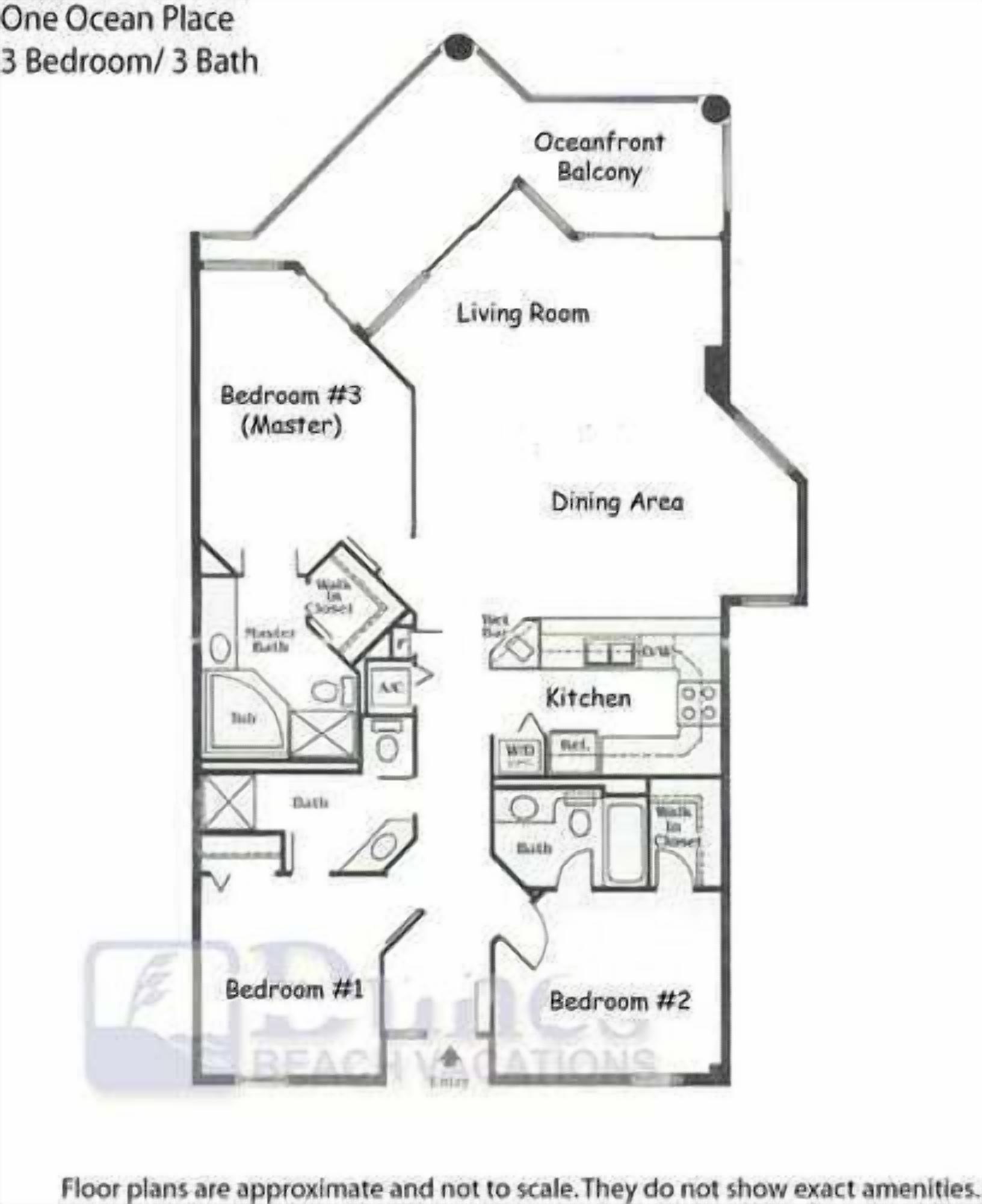 Plan d’étage d’un appartement en bord de mer comprenant trois chambres, trois salles de bain, une chambre principale, un salon, un coin repas, une cuisine et un balcon.