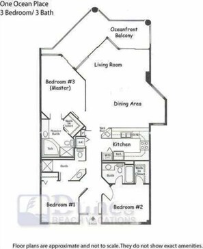 A floor plan of a 3-bedroom, 3-bath oceanfront apartment with a master bedroom, living room, dining area, kitchen, and balcony. - One Ocean Place 505 - Oceanfront in Garden City Beach (Garden City)