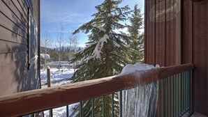 A wooden balcony with a snow-covered tree and a clear sky. - Some of the best direct ski access on the mountain!! 2 bedroom with beautiful valley views!! (Whitefish)