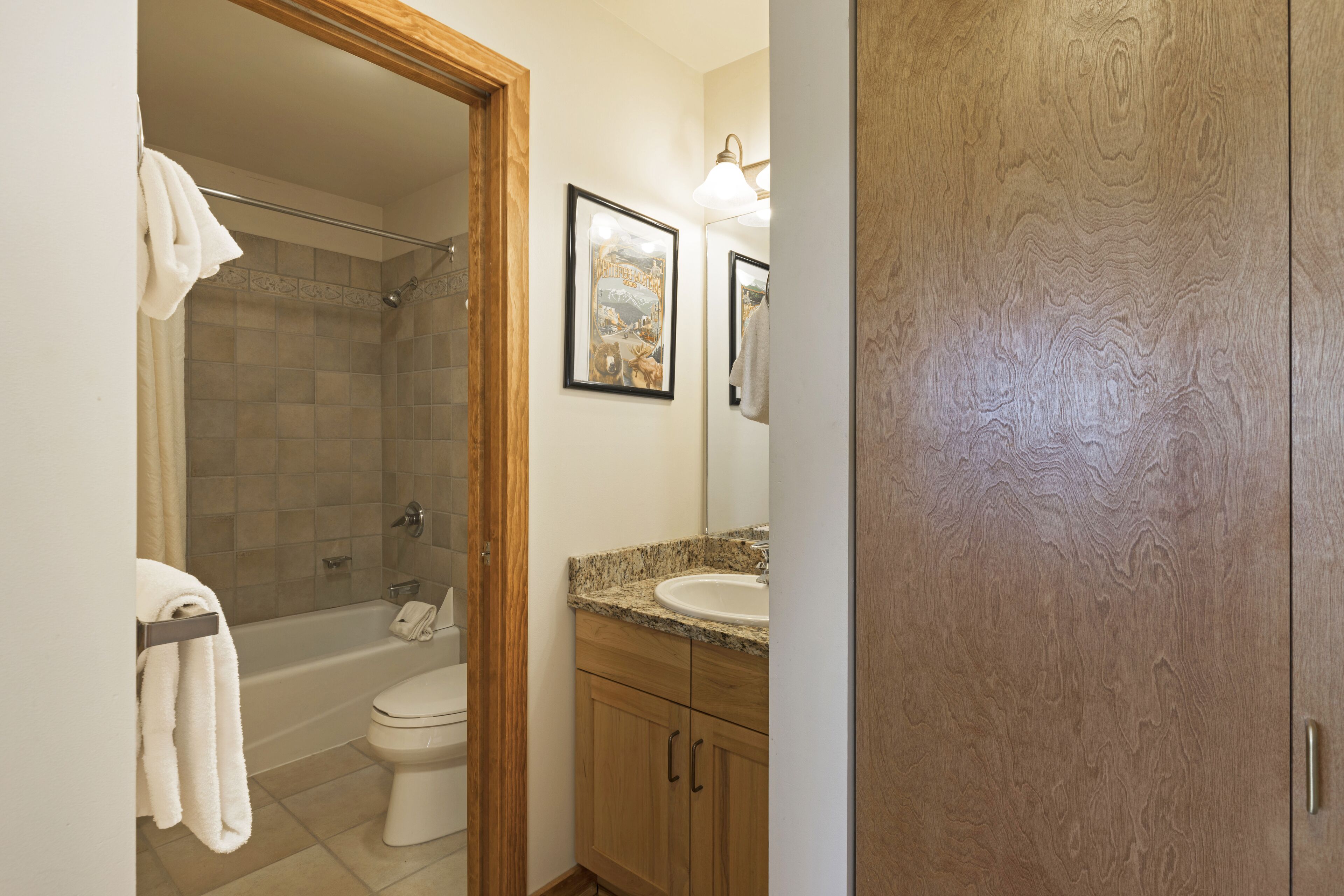A bathroom with a shower, toilet, sink, and wooden cabinets.