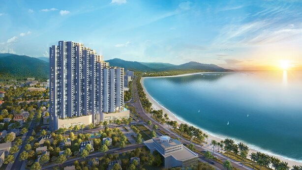 A high-rise residential building with a beachfront view, surrounded by palm trees and a calm sea. - Scenia Bay Residences (Bac Nha Trang)