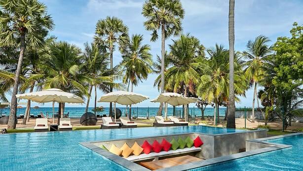 A poolside area with lounge chairs and umbrellas, surrounded by palm trees and a view of the ocean. - Paradise Trinco Beach  (TRINCOMALEE SRILANKA)