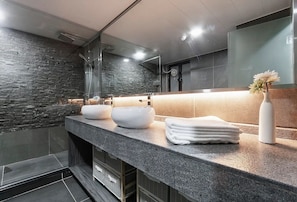 Shower, hair dryer, slippers, towels