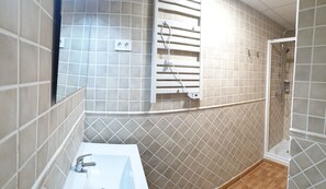 Shower, hair dryer, towels, soap