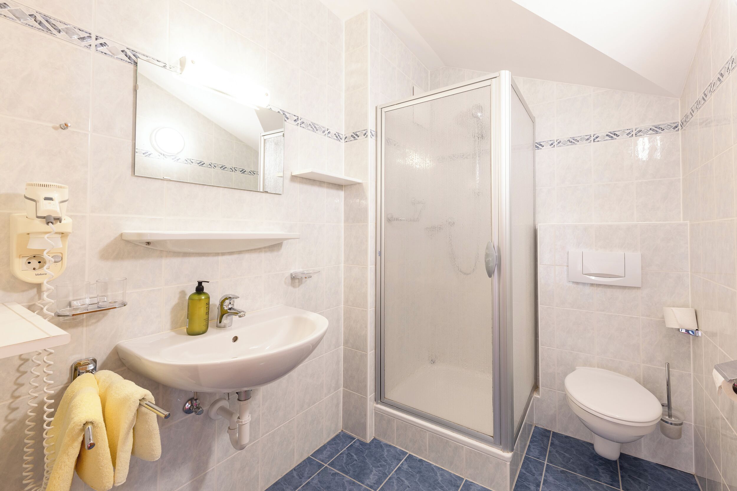 A modern bathroom with a glass-enclosed shower, a white sink, and a toilet.