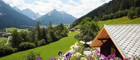 A mountain cabin with a sloped roof, surrounded by vibrant flowers and a lush green landscape.