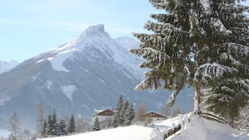 A snow-covered mountain with a chalet and a wooden fence.