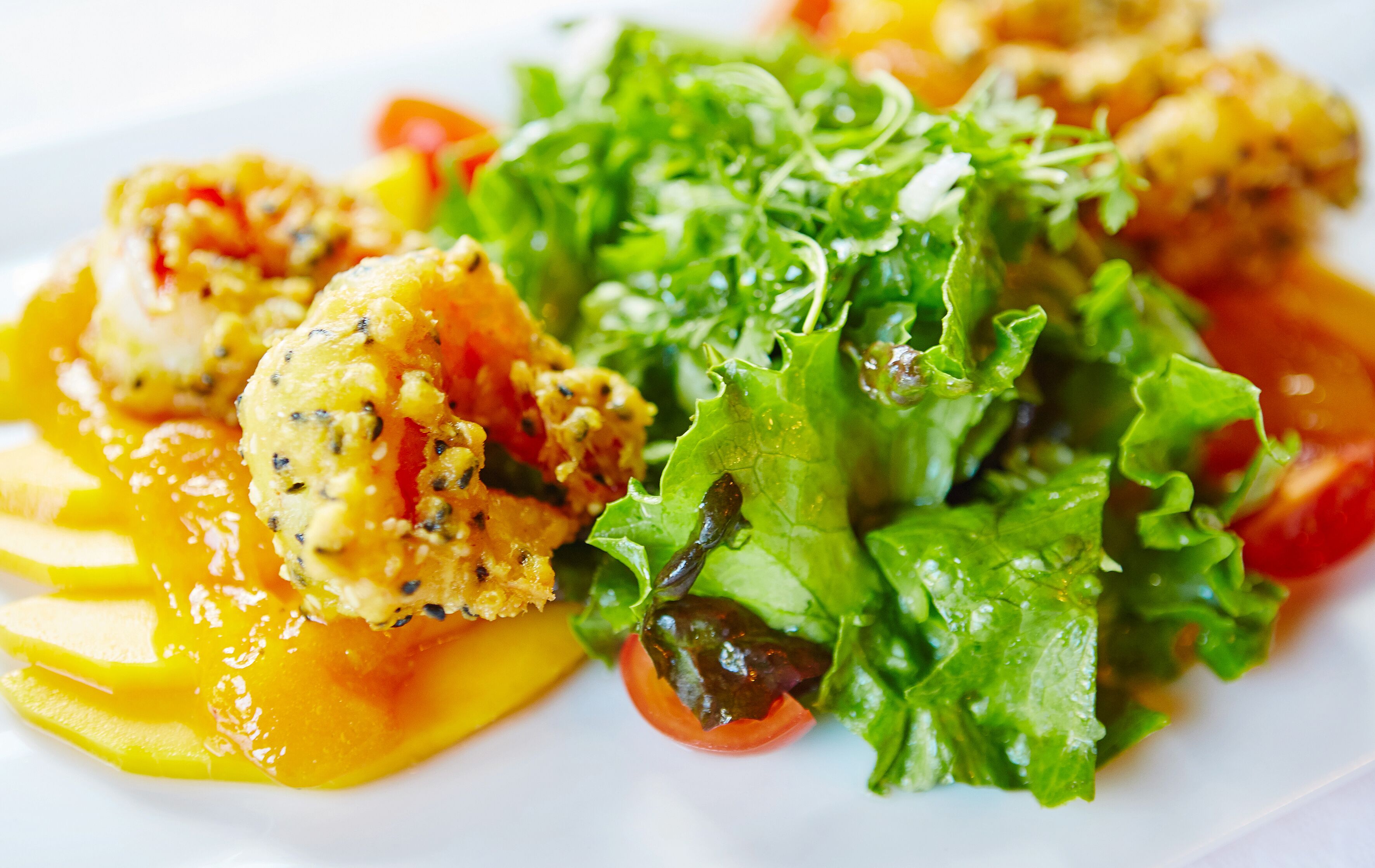 A plate of food with grilled chicken, mango slices, and a green salad.