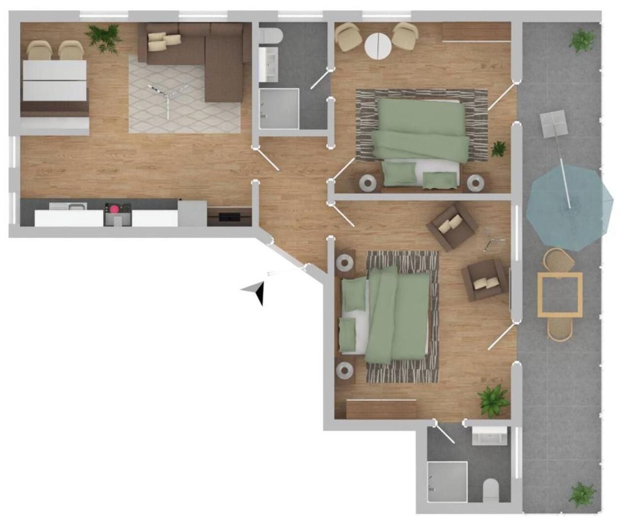 A floor plan of a hotel room with a bed, a desk, a chair, a small table, and a sofa.