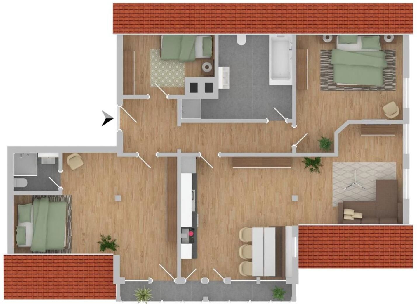 Een plattegrond van een hotelkamer met een bed, een badkamer, een zithoekje en een kitchenette.