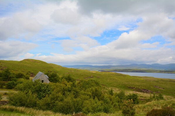 A rural landscape with a small white building surrounded by lush greenery and a lake in the distance.