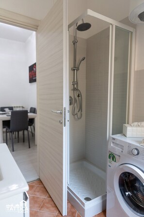 Shower, hair dryer, bidet, towels