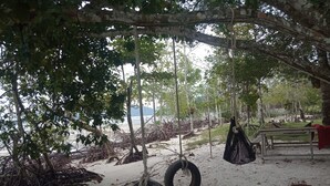 Zona de playa con columpios de neumático sujetos a un árbol, un banco y una hamaca.