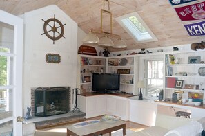 Smart TV, fireplace, toys, books