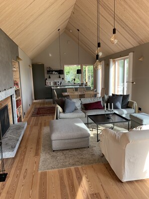 TV, fireplace, books, stereo - Top modern spacious architectural Nordic design villa by the ocean and beach. (Moss)