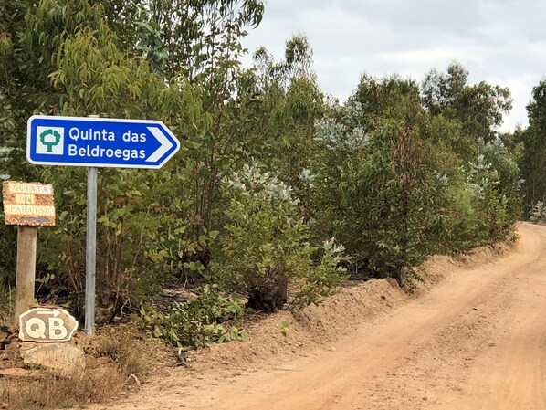 Un camino de tierra con un cartel azul que indica 'Quinta das Beldroegas' a la derecha.