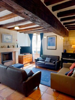 Télévision, cheminée, table de tennis de table, livres