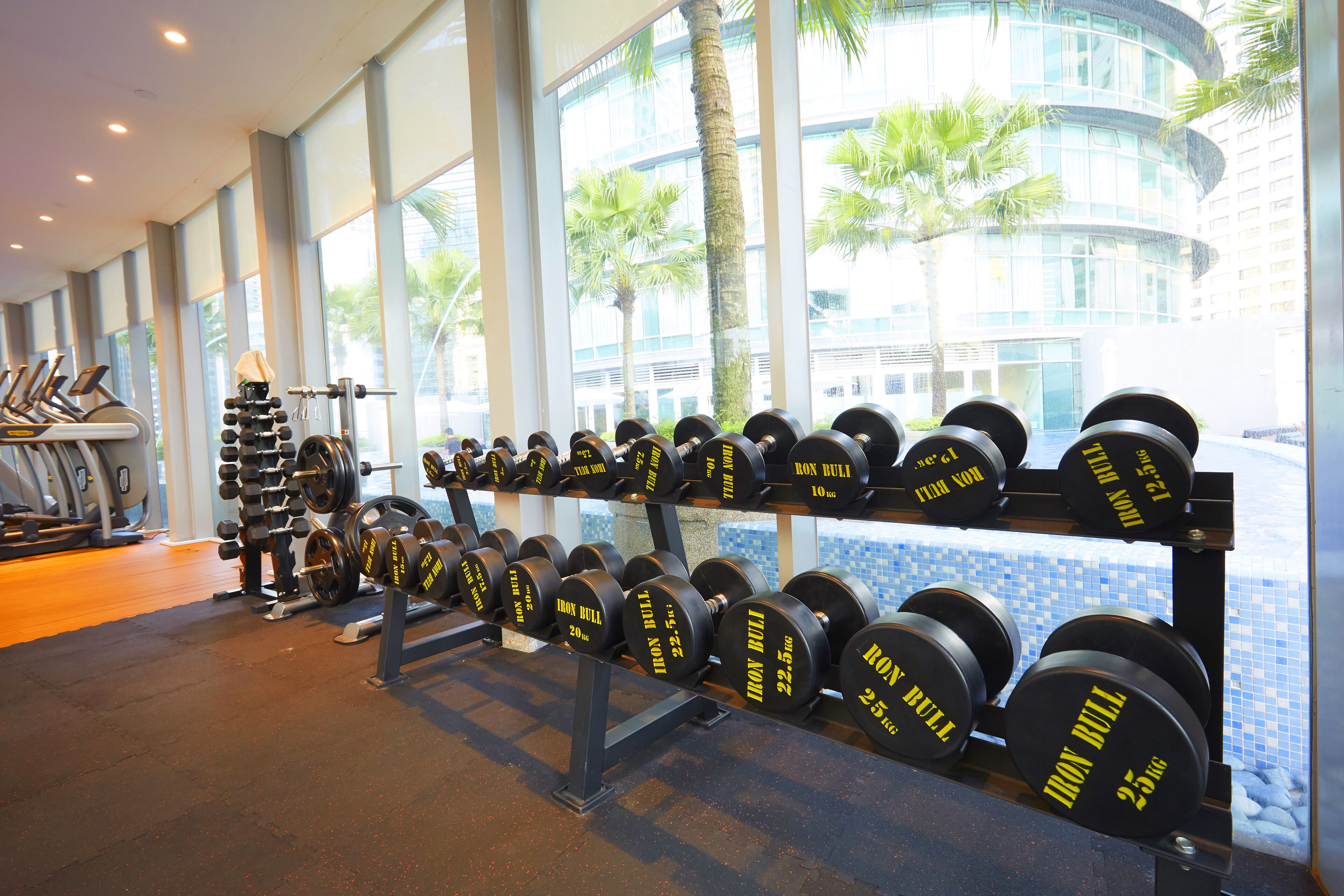 A gym with weightlifting equipment and treadmills.