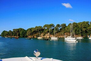 A marina with several sailboats docked, surrounded by a forested coastline. - Golfe du Morbihan/Baden- House near the sea (Baden)
