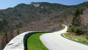 A winding road with a stone wall on one side and a grassy area on the other, surrounded by forested mountains. - Fantastic Post & Beam 5br Valley location near All Pool, Lake, Beach, Sleep 16 (Nellysford)