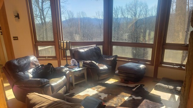 A cozy living room with leather sofas, a coffee table, and a rug. Large windows offer a view of trees and mountains. - Fantastic Post & Beam 5br Valley location near All Pool, Lake, Beach, Sleep 16 (Nellysford)
