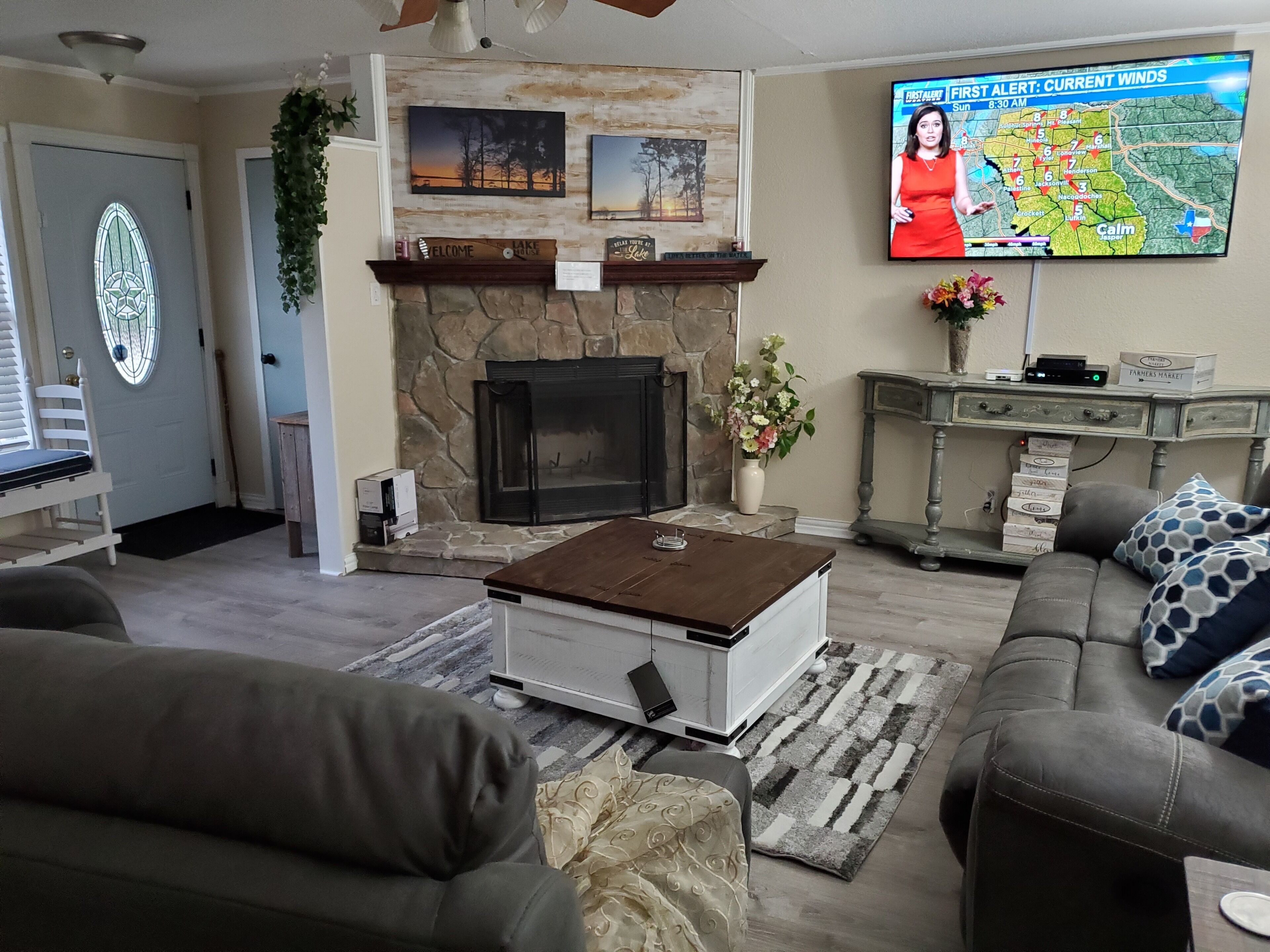 TV connectée, cheminée, livres, médiathèque