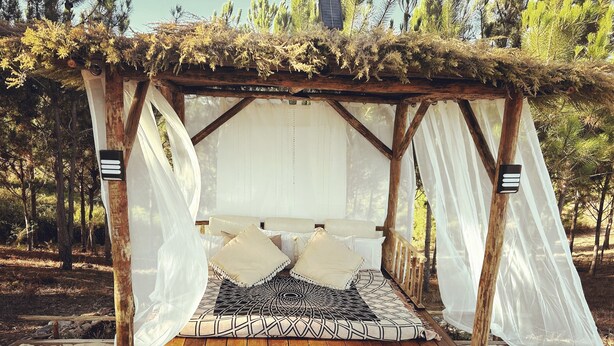 Un lit en bois rustique, doté d’un baldaquin, installé dans un espace boisé.