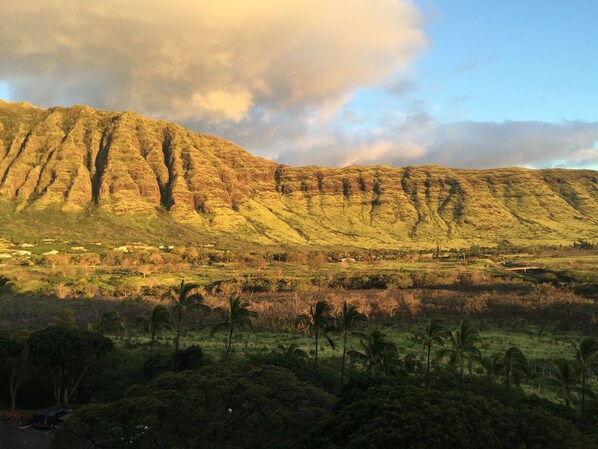 Un paisaje montañoso con un valle en primer plano.