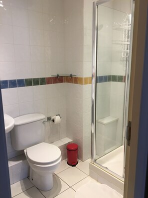 Bañera con ducha, secador de pelo, jabón, papel higiénico