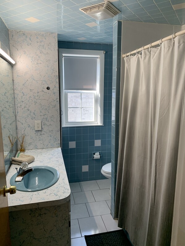 Combined shower/tub, hair dryer, towels, soap