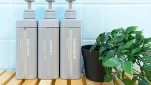 Three bathroom dispensers labeled BODY SOAP, SHAMPOO, and CONDITIONER on a wooden surface with a potted plant beside them. - Core Resort House 2 In Ishigaki (Ishigaki)