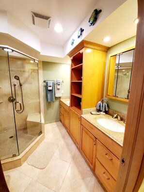 Bañera con ducha, secador de pelo, toallas