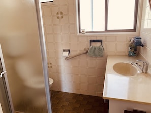 Dusche, Haartrockner, Handtücher, Seife