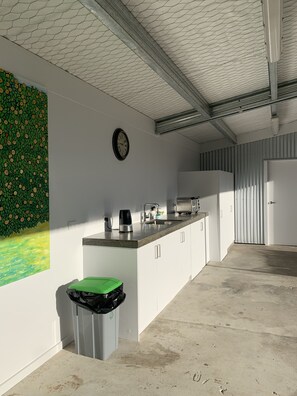 Fridge, oven, electric kettle, toaster