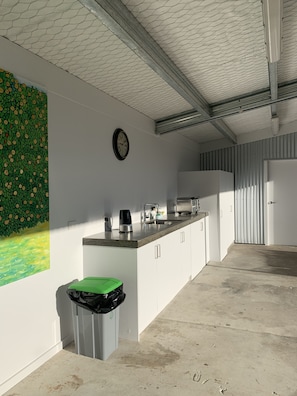 Fridge, oven, electric kettle, toaster