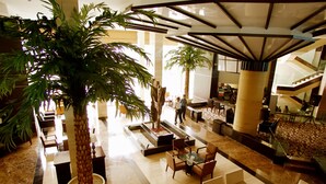 A spacious lobby with a large palm tree, comfortable seating areas, and a modern staircase. - Bela Hotel (Ternate)