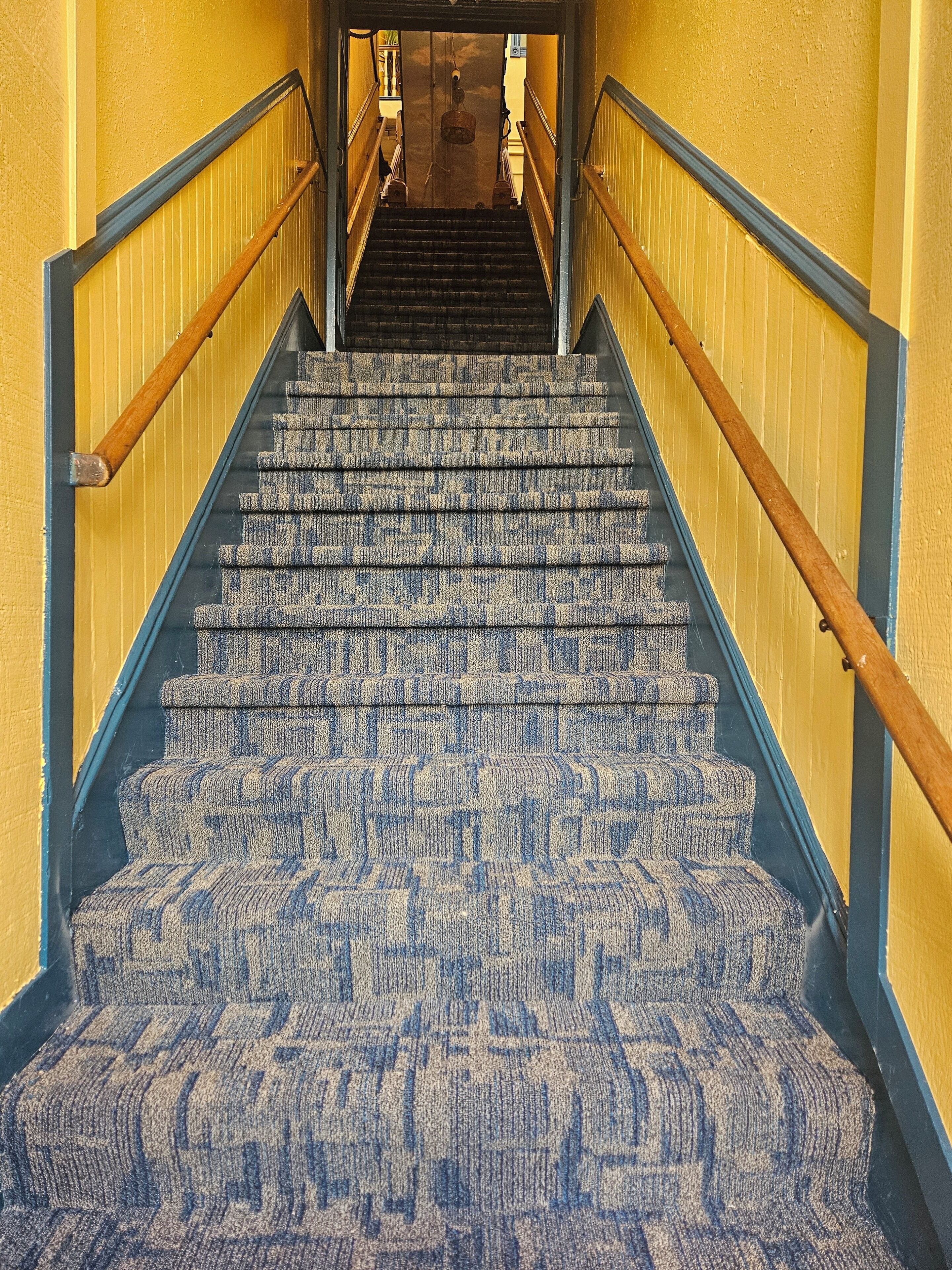 Un escalier recouvert d’une moquette à motifs menant à un palier.