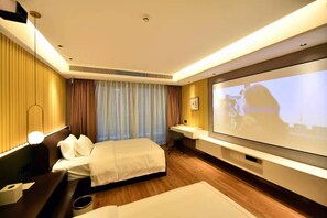Individually furnished, desk, laptop workspace, blackout curtains