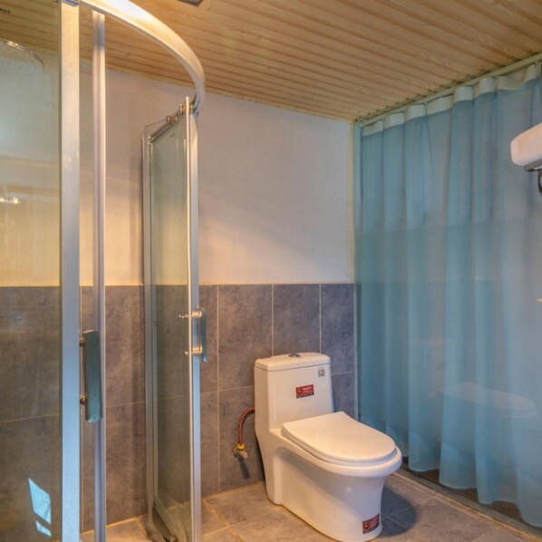 A bathroom with a glass shower enclosure, a toilet, and a curtain.