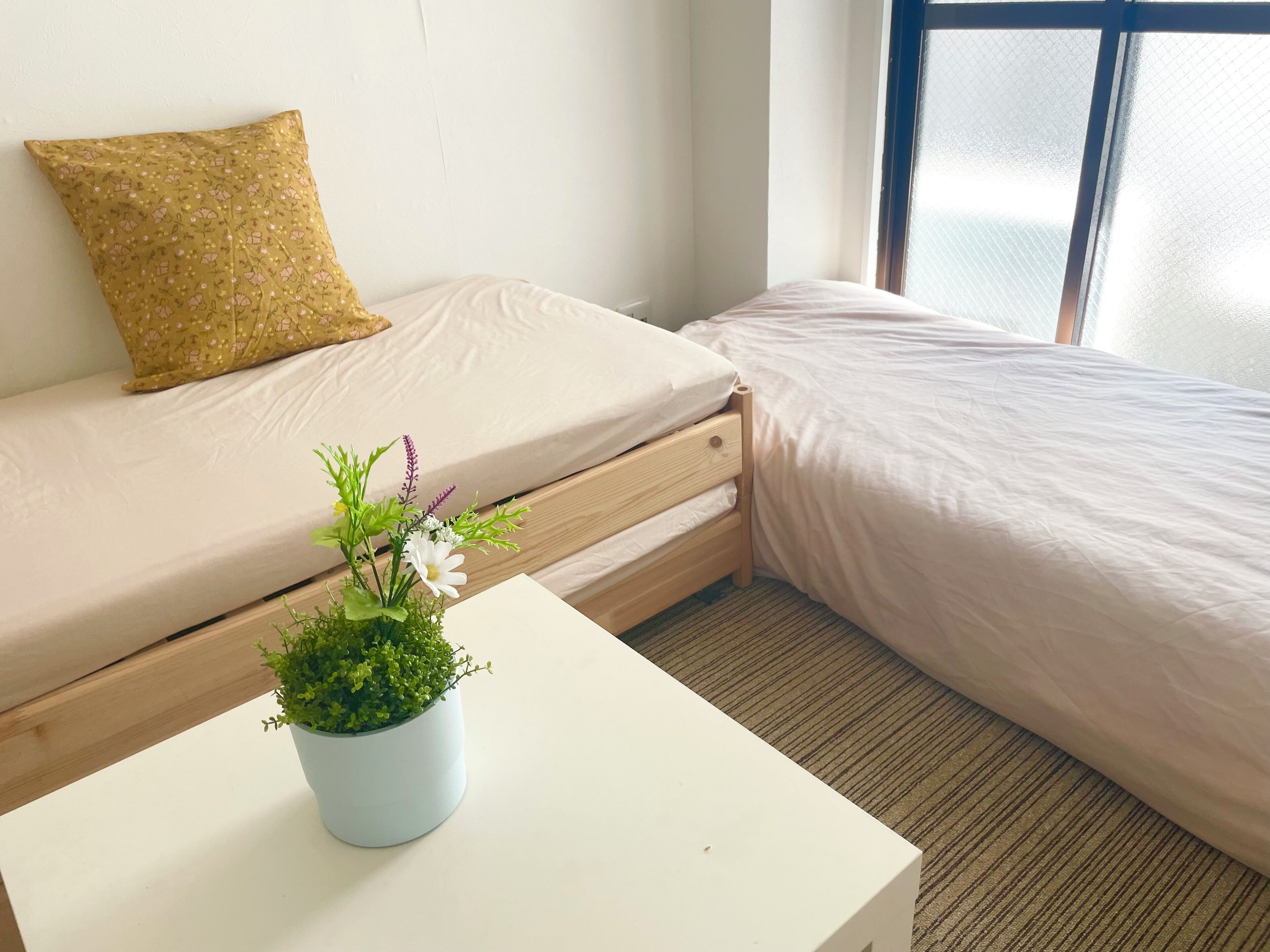 A small, neatly arranged room with a single bed, a sofa, and a small table with a potted plant.