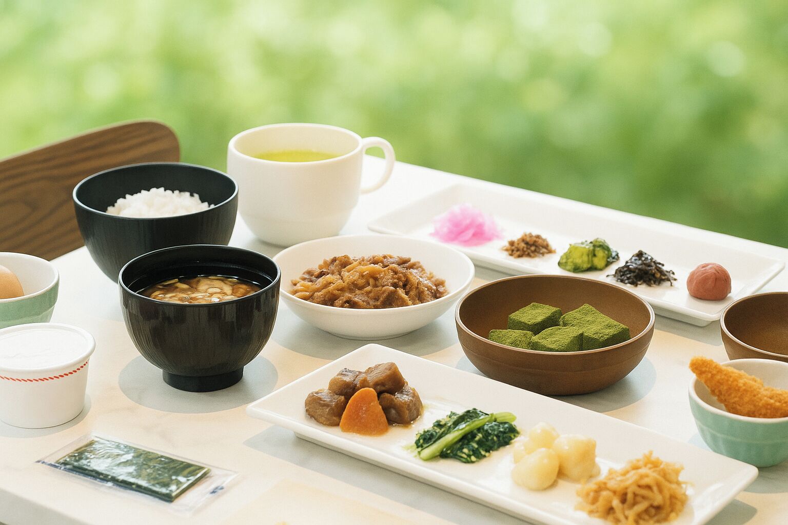 A table set with various Japanese dishes, including rice, soup, and pickled vegetables.